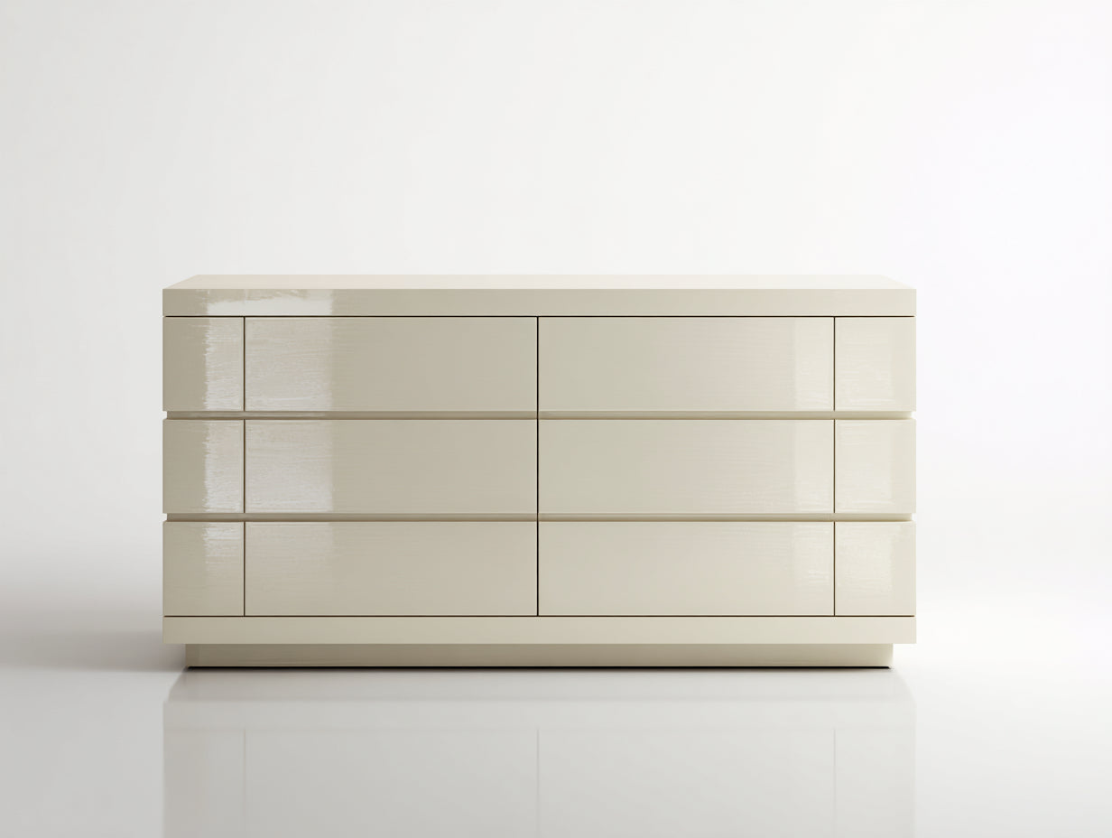 Vitrine basse brillante avec 6 tiroirs 160x45x80 cm - crème - design moderne