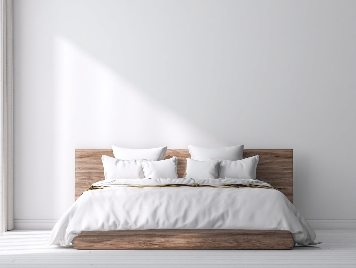 Lit double en bois massif 220x180x95 cm - bois naturel - cadre bas avec tête de lit minimaliste pour chambre