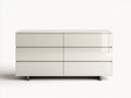 Commode 6 tiroirs en panneaux de bois 150x45x78 cm - blanc brillant et gris foncé - façade sans poignées style moderne