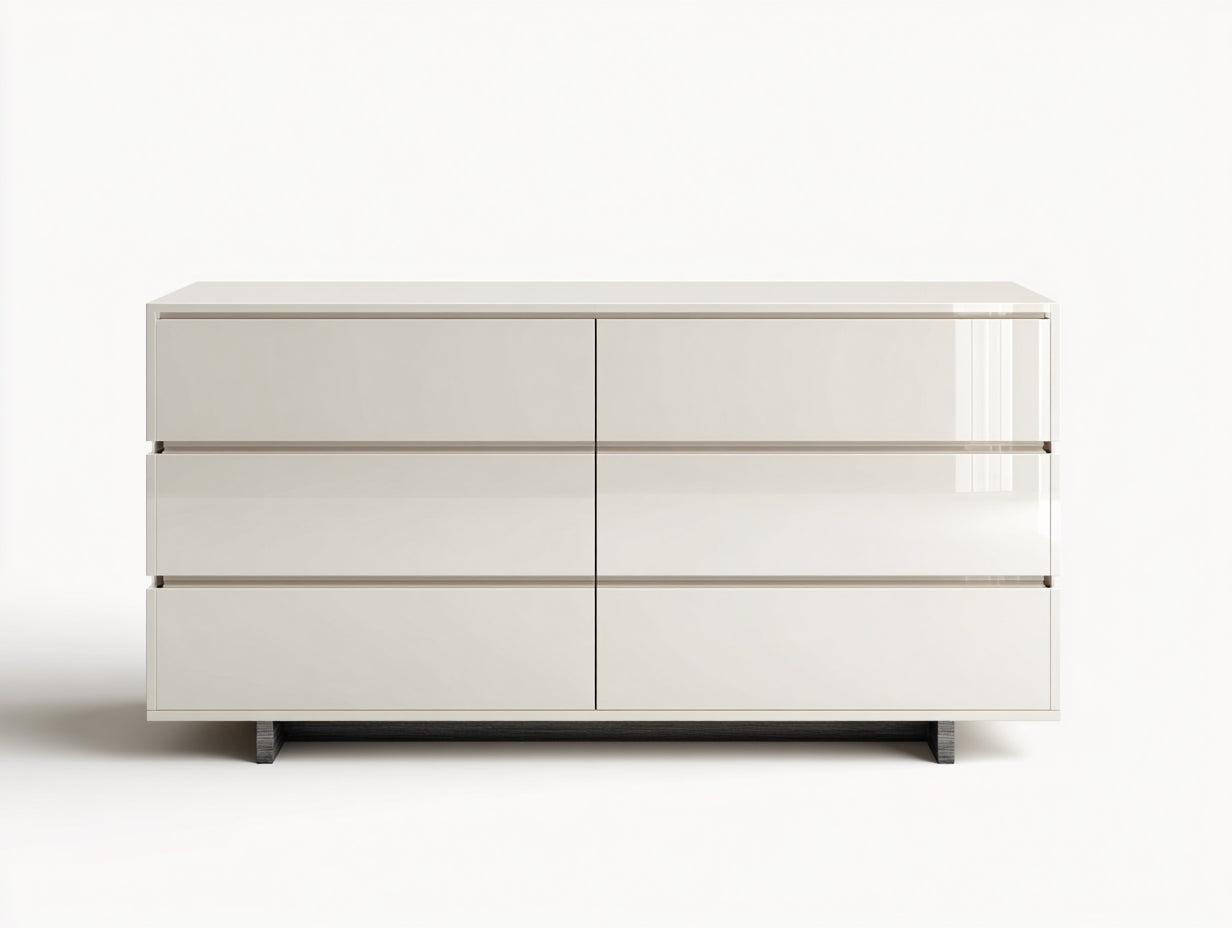 Commode 6 tiroirs en panneaux de bois 150x45x78 cm - blanc brillant et gris foncé - façade sans poignées style moderne