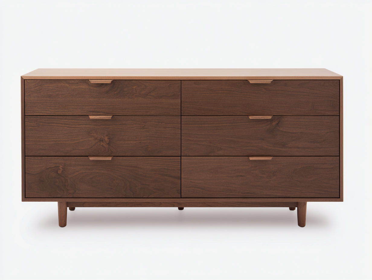 Commode en bois d'ingénierie 160x45x85 cm - brun noyer - 6 tiroirs au design rétro moderne