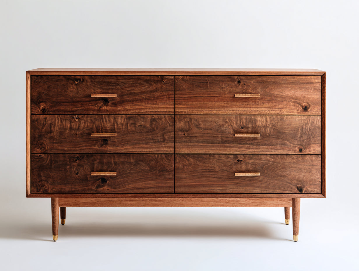 Vitrine basse en bois avec 6 tiroirs 160x45x85 cm - brun et bois naturel - style rétro