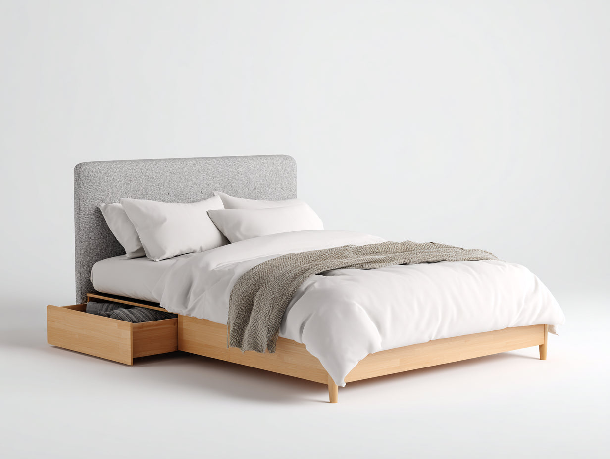 Lit double en bois avec tête de lit rembourrée 200x160x105 cm - bois naturel et gris clair - tiroir de rangement