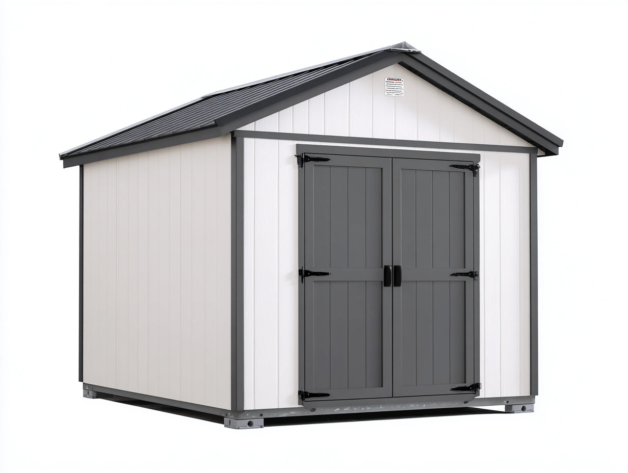 Abri de jardin en résine et métal 240x210x225 cm - blanc-gris anthracite-noir - toit à deux pentes pour rangement extérieur