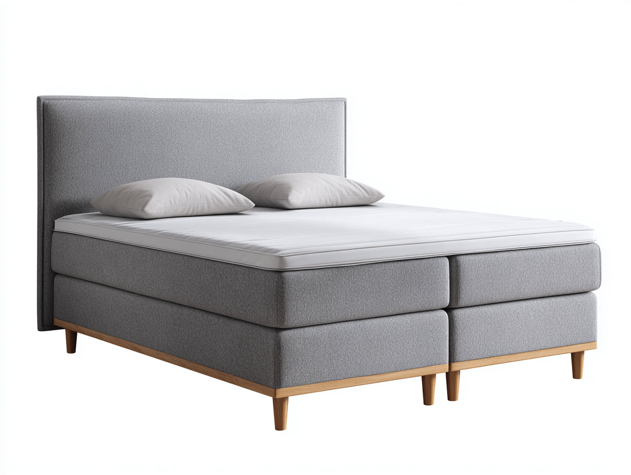 Lit double tapissé en tissu gris 210 x 180 x 115 cm - tête de lit haute et pieds en bois pour chambre