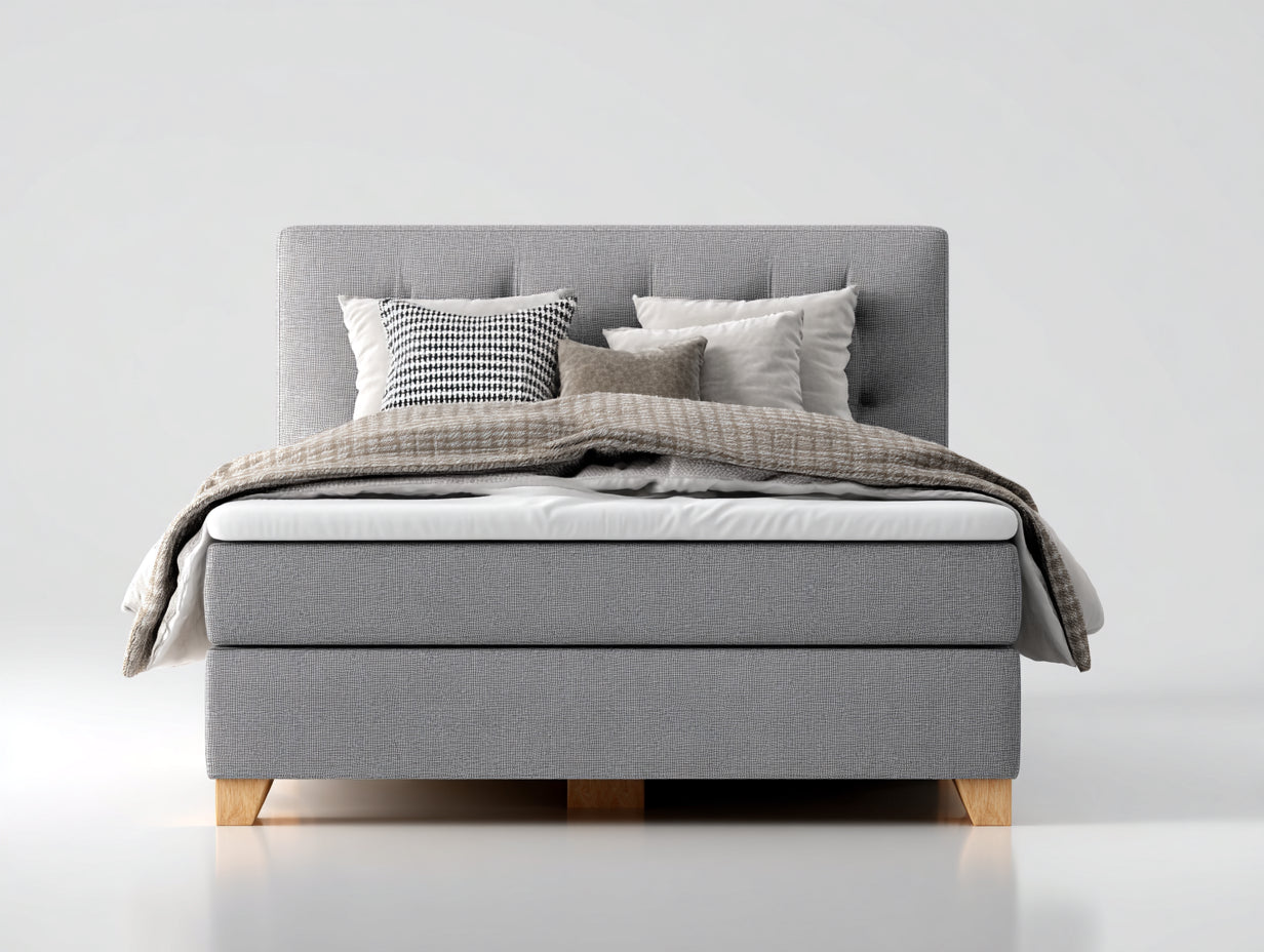Lit double rembourré en tissu 220x180x115 cm - gris clair-bois naturel - tête de lit capitonnée pour chambre