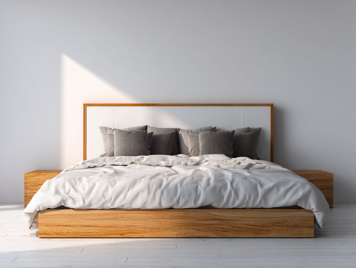 Lit double en bois 200x160x95 cm - bois naturel et blanc - design plateforme