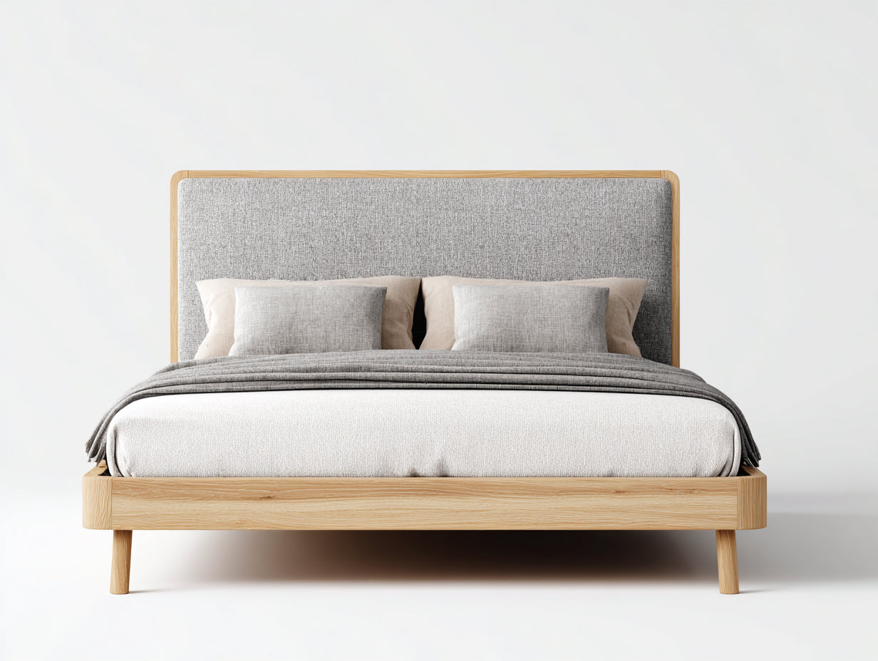 Lit double en bois naturel et tissu gris 200x160x105 cm - tête de lit rembourrée - style scandinave