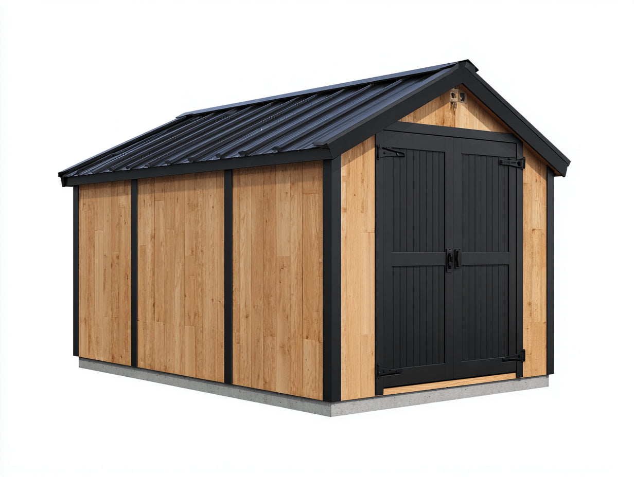 Abri de jardin en bois d'ingénierie et métal 240x220x230 cm - bois naturel-noir-gris - portes doubles et toit à deux pentes