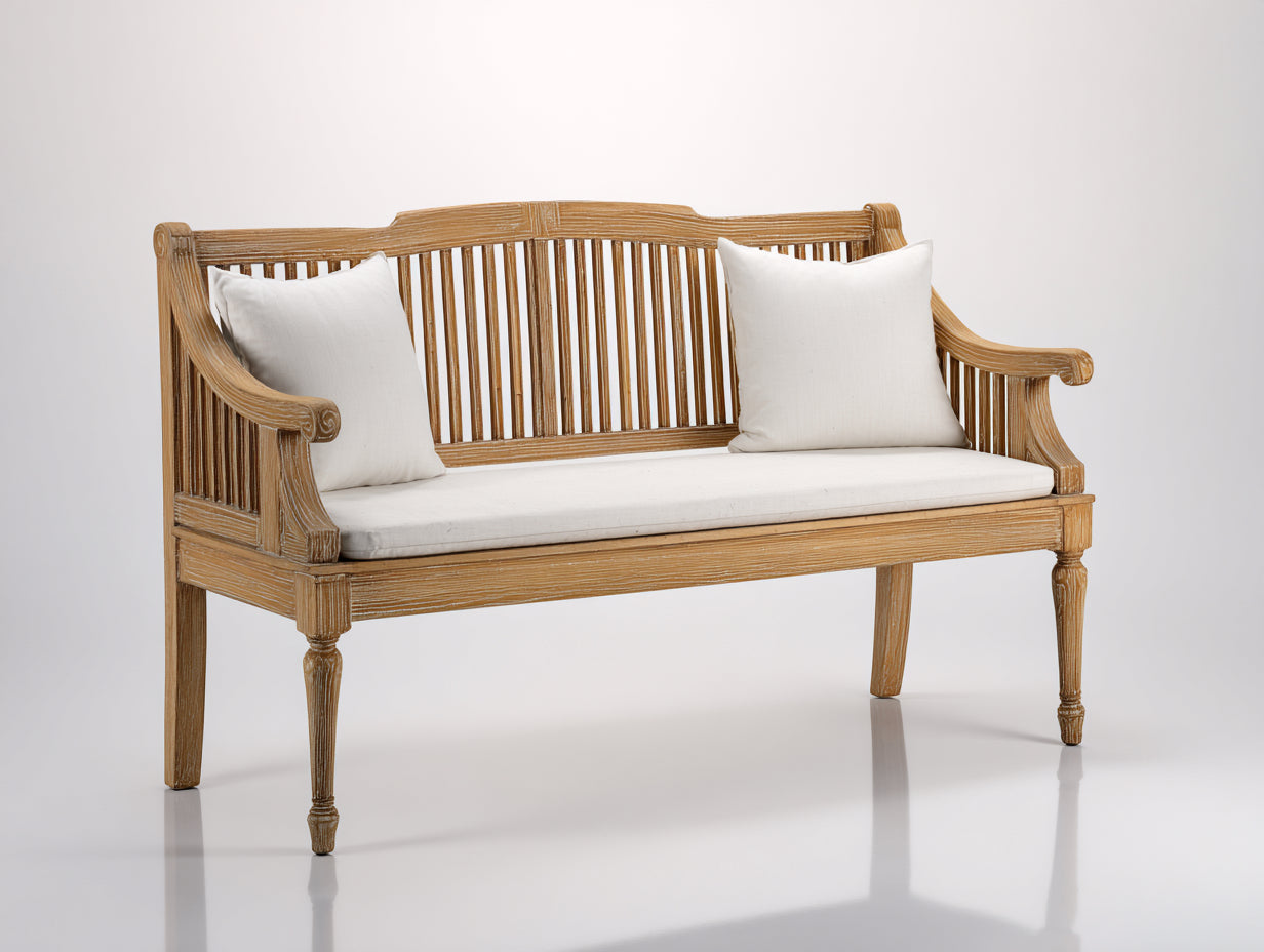 Banc de jardin en bois naturel 160 x 60 x 92 cm - banquette extérieure avec dossier à barreaux et accoudoirs sculptés