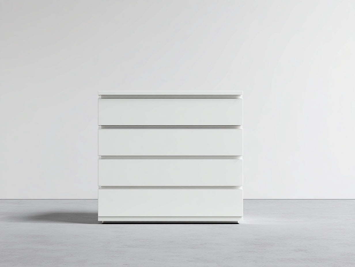 Commode 4 tiroirs en panneaux de bois 90x45x92 cm - blanc brillant et gris clair - façade sans poignées style moderne