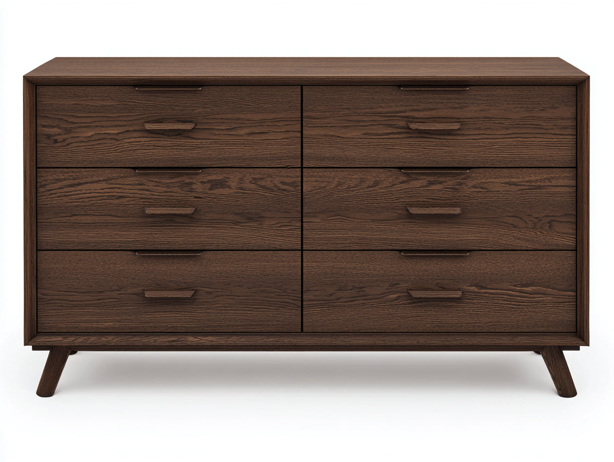 Commode 6 tiroirs en bois effet chêne 150x45x82 cm - brun foncé - pieds inclinés style contemporain