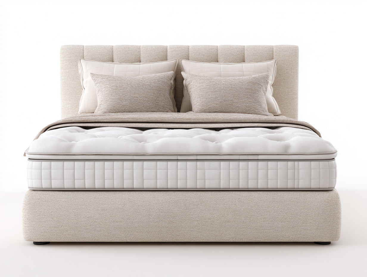 Lit double tapissé en tissu bouclé beige 210 x 180 x 120 cm - tête de lit capitonnée pour chambre