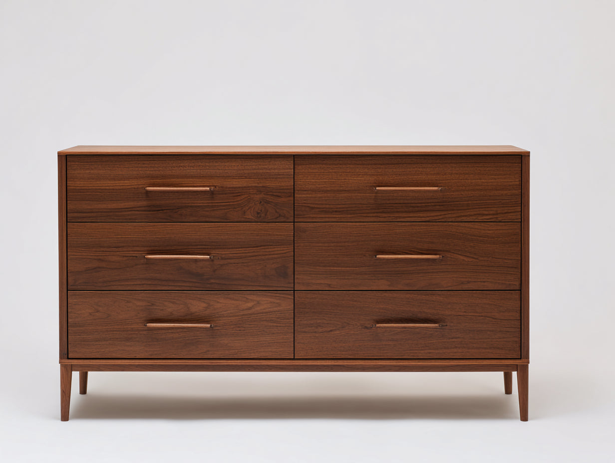 Commode en bois effet noyer 140 x 45 x 82 cm - meuble à 6 tiroirs pour chambre et salon