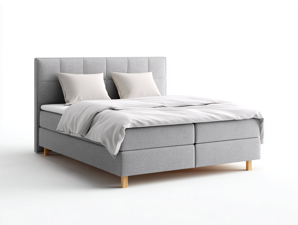 Lit double rembourré en tissu 200x160x110 cm - gris clair et bois naturel - tête de lit capitonnée