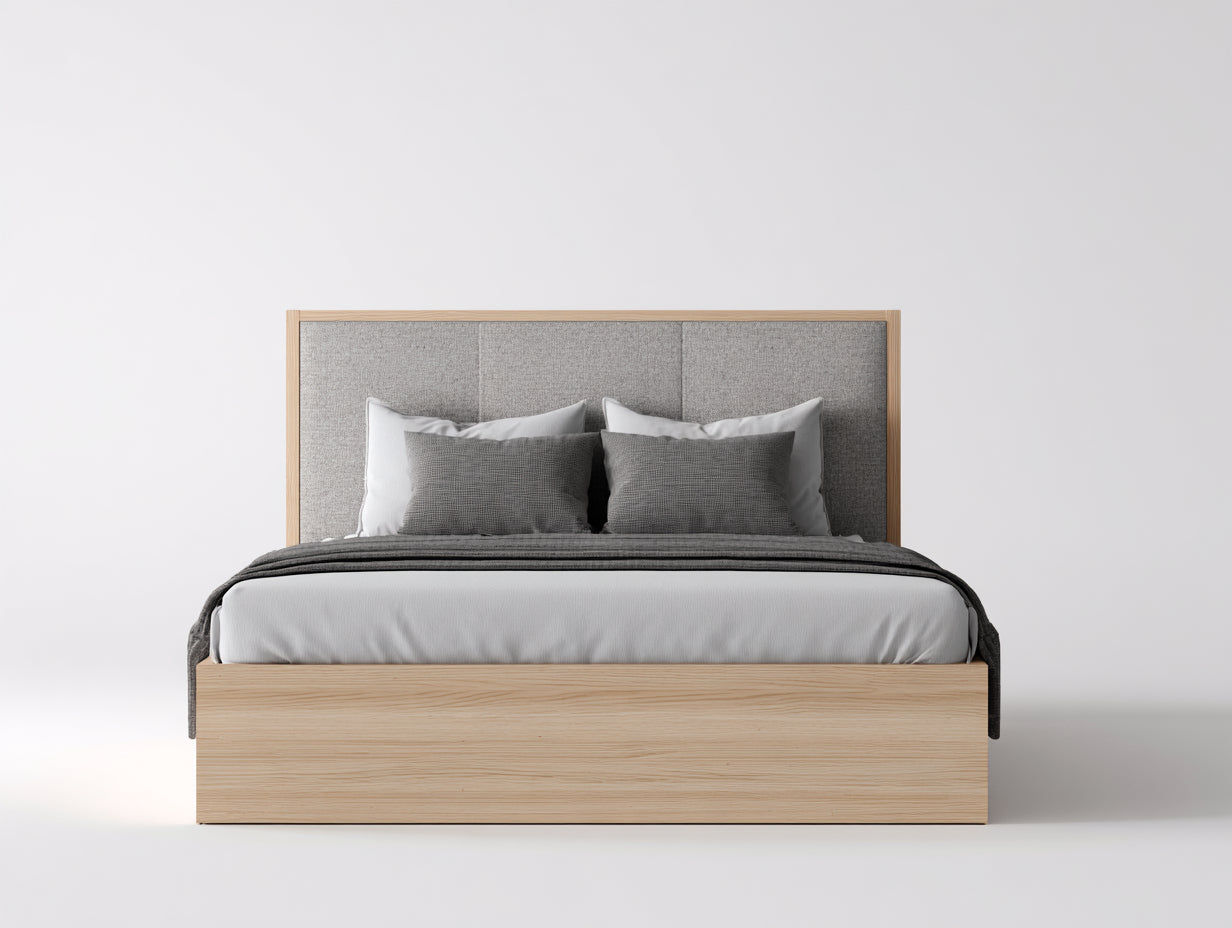 Lit double en bois naturel et tissu gris 210 x 180 x 105 cm - tête de lit rembourrée pour chambre