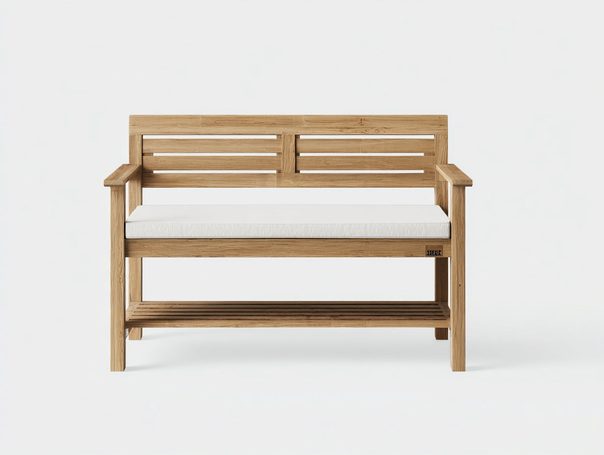 Banc de jardin en bois naturel 130 x 58 x 88 cm - banquette extérieure avec accoudoirs et tablette inférieure