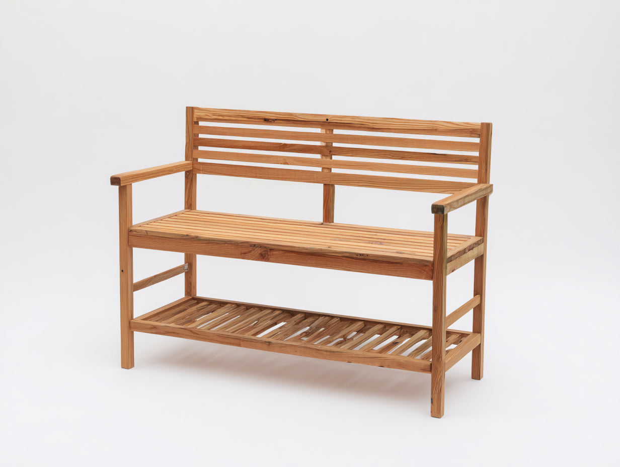 Banc de jardin en bois massif 150x60x95 cm - bois naturel - dossier à lattes et étagère inférieure