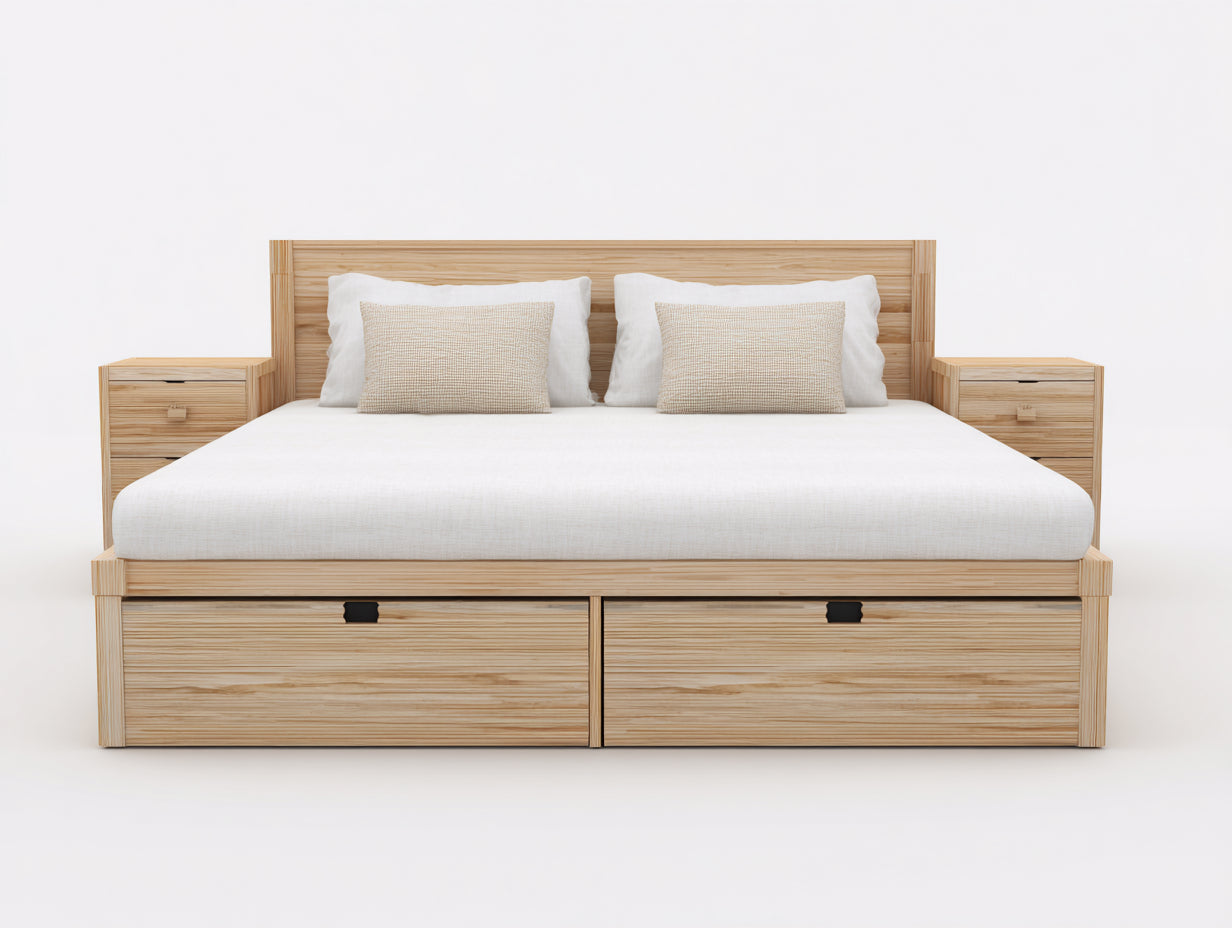 Lit double en bois avec rangement 210x240x100 cm - bois naturel - tables de chevet intégrées